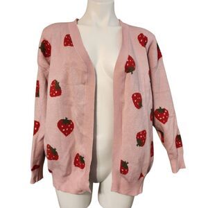 Boutique pink strawberry cardigan sweater open front Large